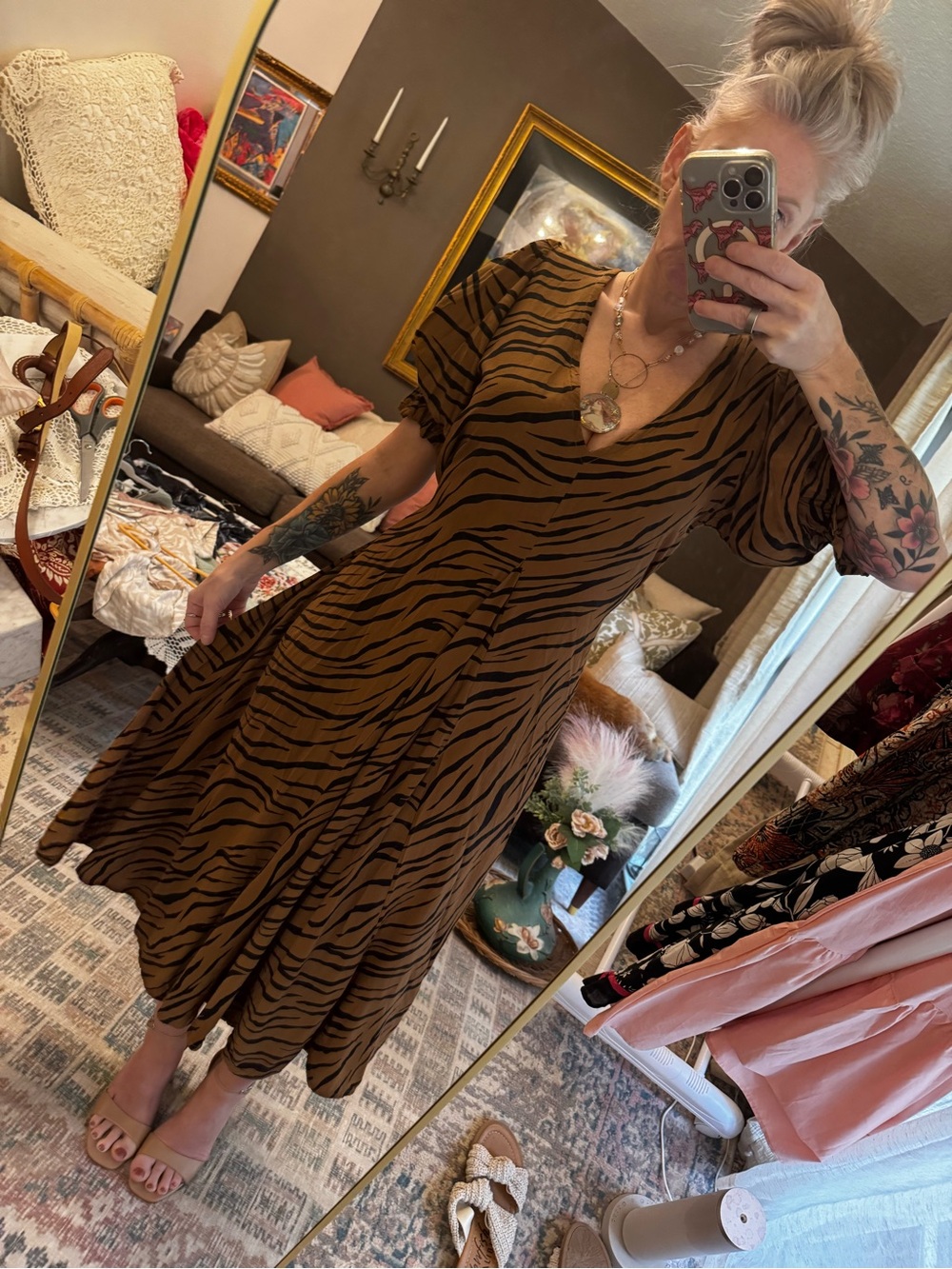 Faithfull the Brand Brown and Black Tiger-Print V-Neck Midi Dress